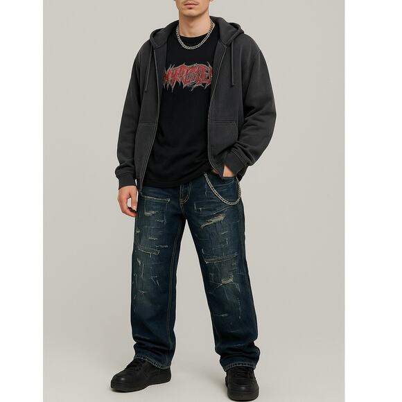 Born Fly men’s jeans 40 x 33 relaxed fit boot distressed torn ripped repaired - Picture 1 of 13